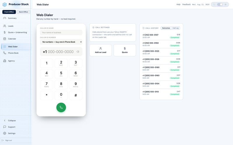 Producer Stack power dialer interface with the keypad and recent call history