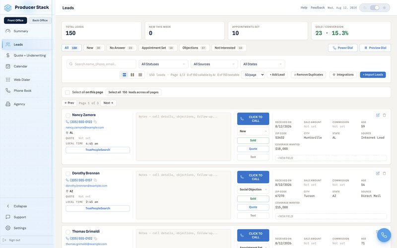 Producer Stack leads list with status, source and state filters